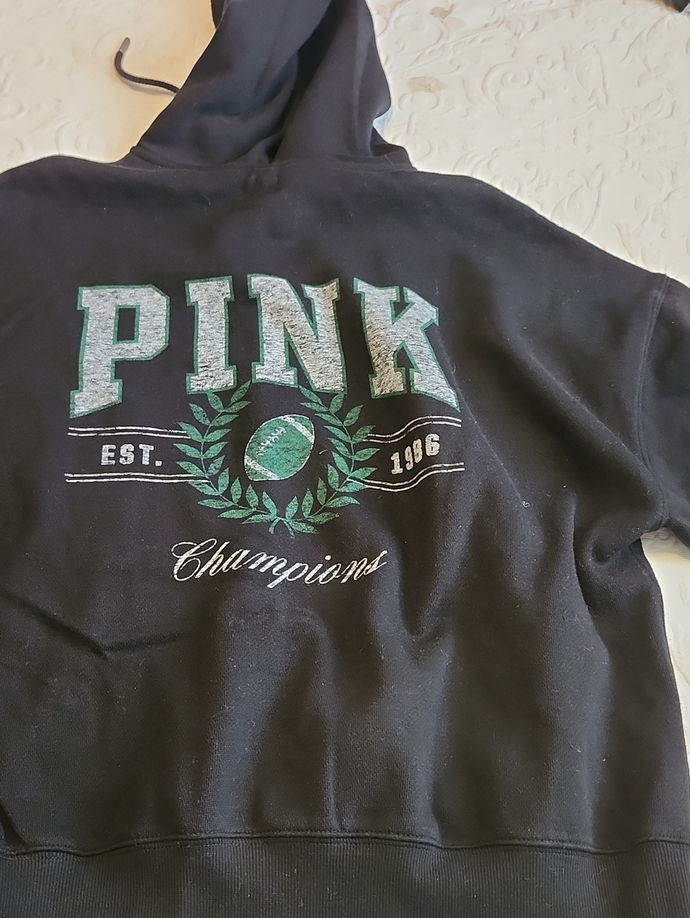 PINK Victoria's Secret Black Hoodie with Green & White Graphic